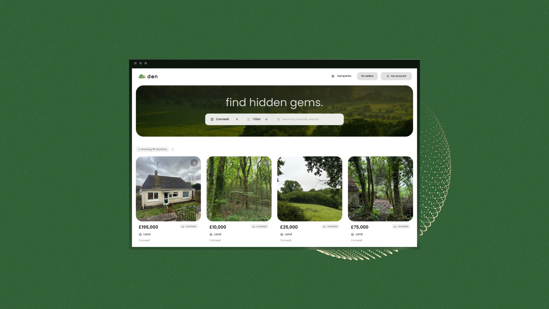 Den land marketplace website displayed on a green background